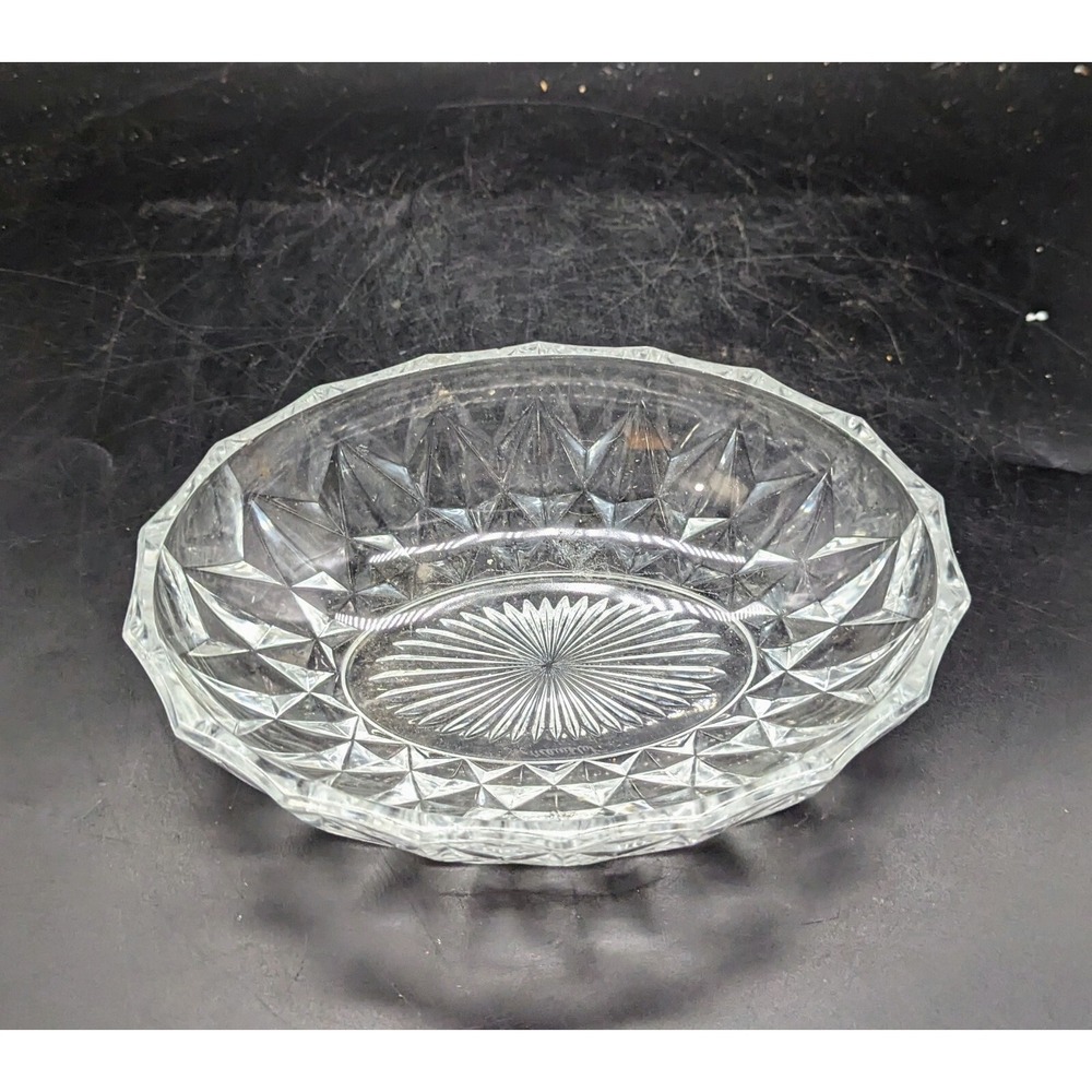 Vintage Val St. Lambert Oval Clear Crystal Candy‎ Bowl 7.25" Signed Diamondpoint